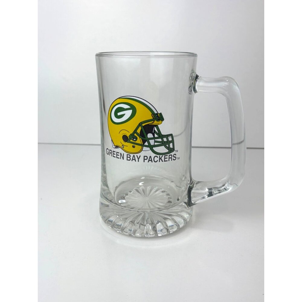 Green Bay Packers Glass Beer Mug Handle Football Logo NFL Collectible 6.5”  Heav